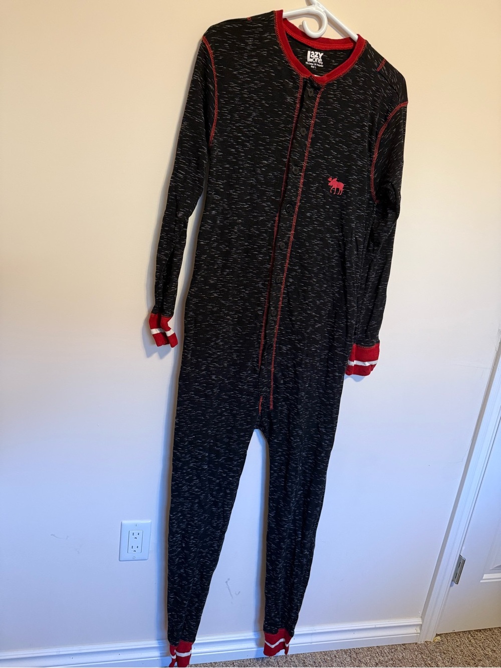 Lazy One Black Footie with Red Trim and Moose Logo